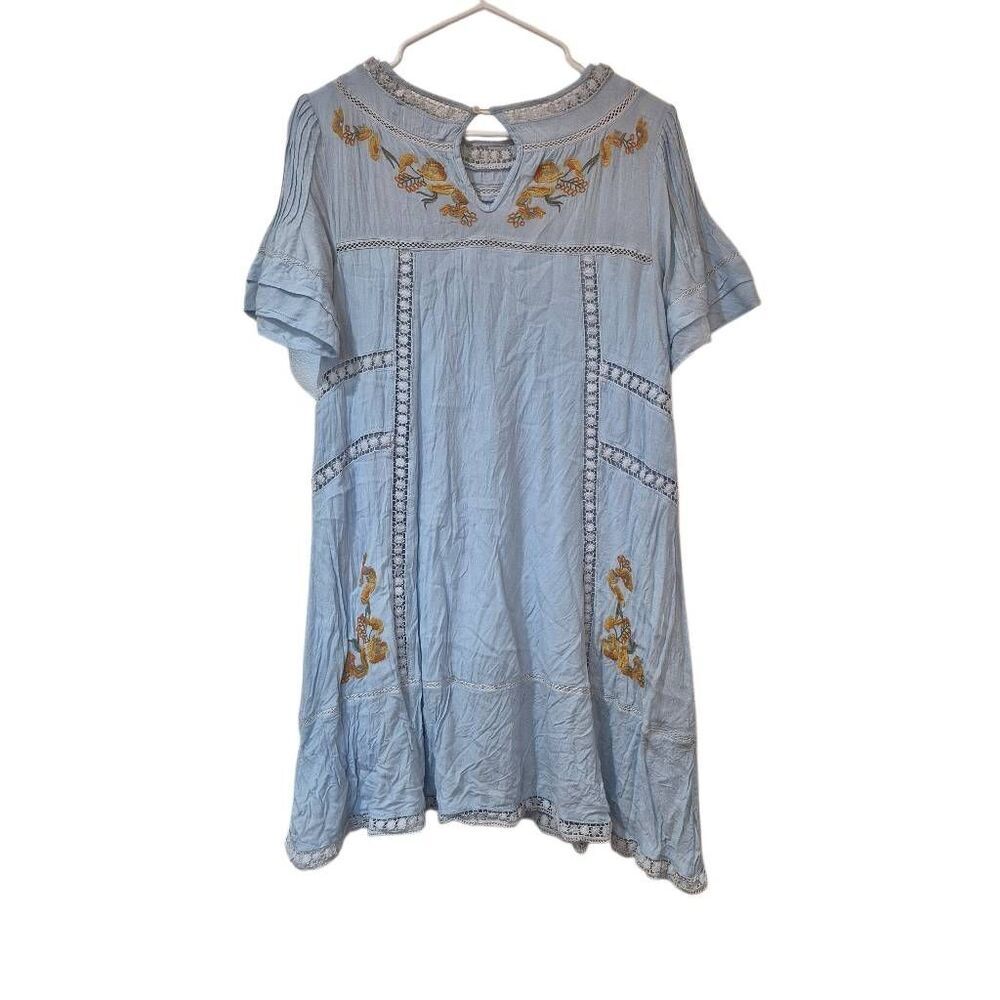 Brass & Roe Light Blue Embroidered Floral Swing Dress Lace Trim Flutter Sleeve M - Picture 14 of 16